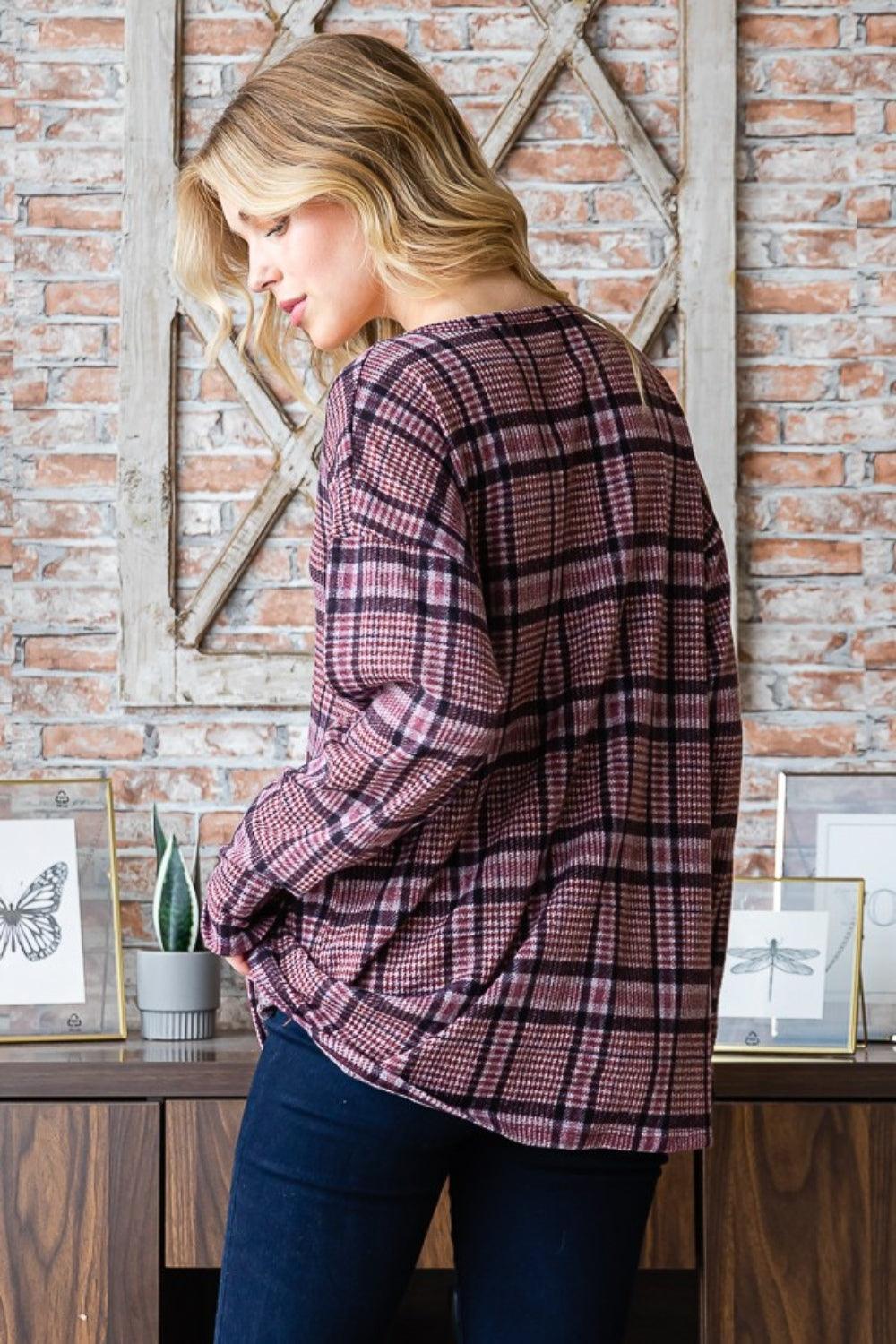 Heimish Full Size Plaid V-Neck Long Sleeve Top