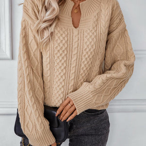 Cable-Knit Notched Long Sleeve Sweater