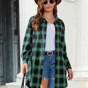 Full Size Plaid Button Up Dropped Shoulder Shirt