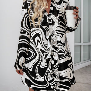 Perfee Ruffled Printed V-Neck Long Sleeve Dress