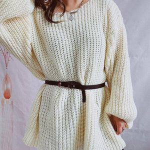 Boat Neck Long Sleeve Sweater with Belt