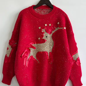 Reindeer Round Neck Long Sleeve Sweater