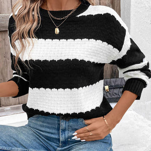 Perfee Striped Round Neck Long Sleeve Sweater