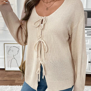 Perfee Tied Round Neck Long Sleeve Cardigan