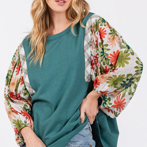 SAGE + FIG Full Size Printed Balloon Sleeve Contrast Top