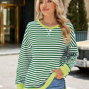 Slit Striped Round Neck Long Sleeve Sweatshirt