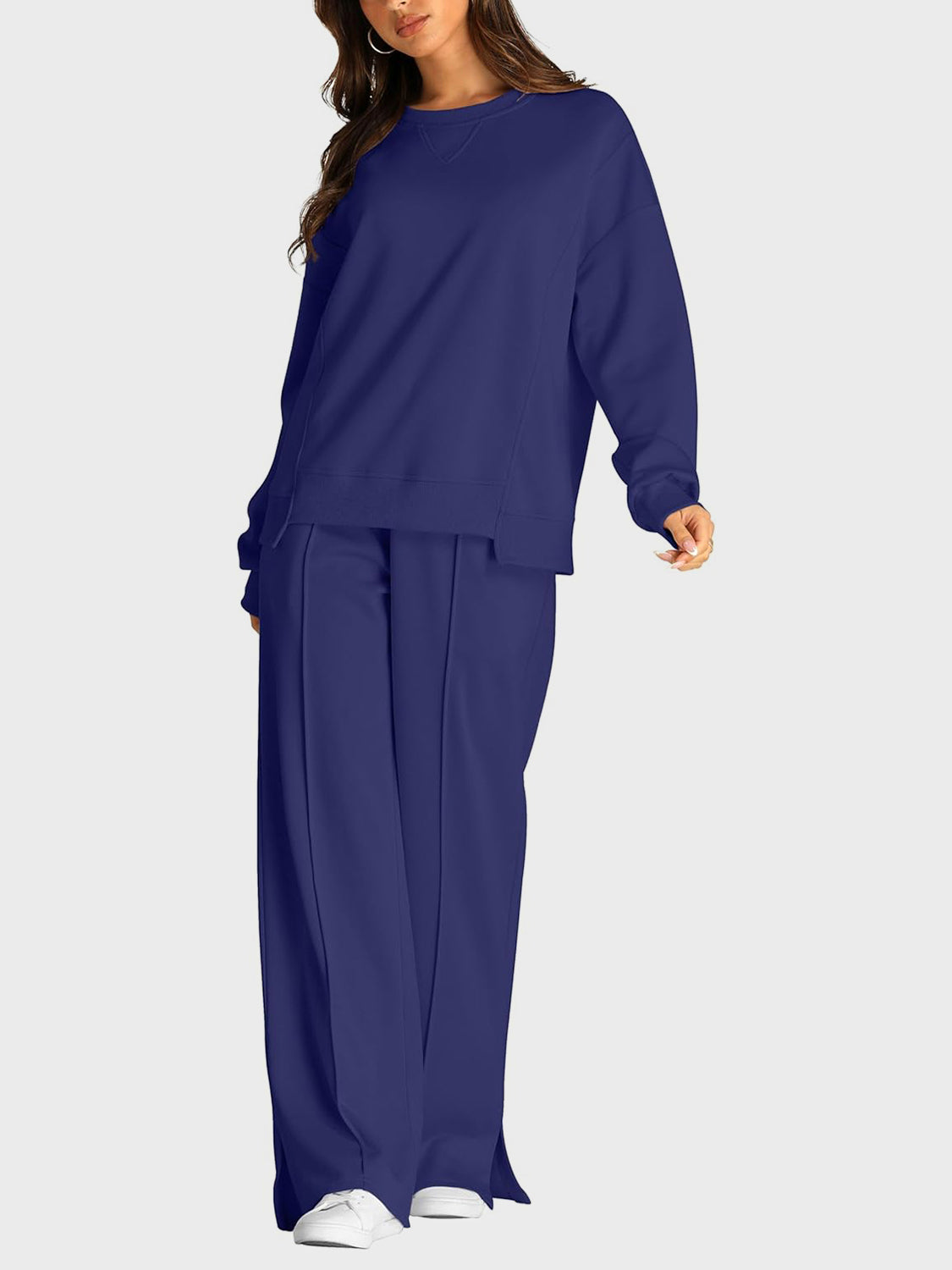 Round Neck Long Sleeve Top and Slit Pants Set