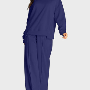 Round Neck Long Sleeve Top and Slit Pants Set