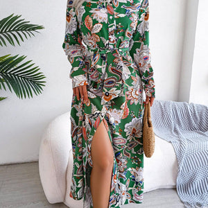 Tied Printed Long Sleeve Midi Dress