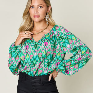 Double Take Full Size Printed Balloon Sleeve Blouse