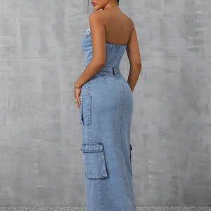 Slit Half Button Tube Denim Dress