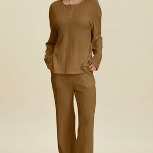 Double Take Full Size Cable-Knit Long Sleeve Top and Pants Set