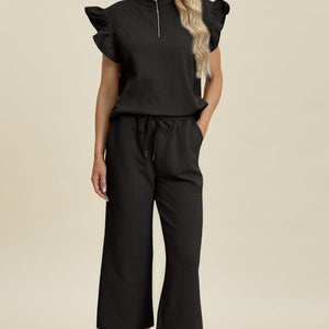 Double Take Full Size Texture Ruffle Short Sleeve Top and Wide Leg Pants Set