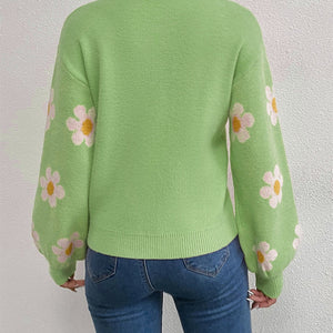 Flower Round Neck Latern Sleeve Sweater