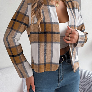 Plaid Open Front Long Sleeve Jacket