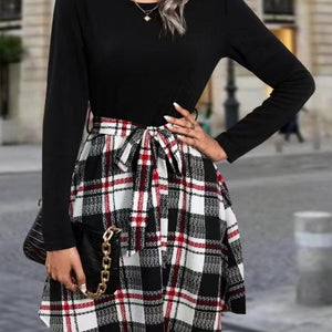 Tied Plaid Round Neck Long Sleeve Dress