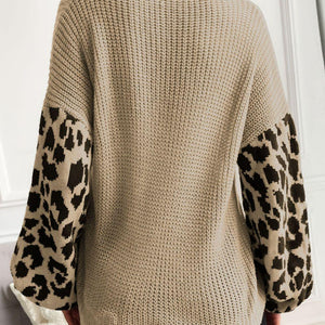 Perfee Leopard Sleeve Dropped Shoulder Sweater