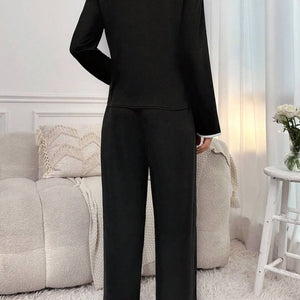 Contrast Trim Notched Long Sleeve Top and Pants Lounge Set