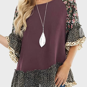 Full Size Frill Printed Round Neck Half Sleeve Blouse