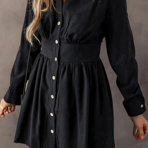 Ruched Button Up Long Sleeve Dress