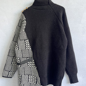 Houndstooth Turtleneck Long Sleeve Slit Sweater