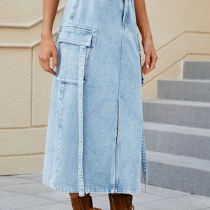 Slit Pocketed High Waist Denim Skirt