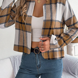 Plaid Open Front Long Sleeve Jacket