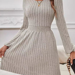 Smocked Round Neck Long Sleeve Knee Length Dress