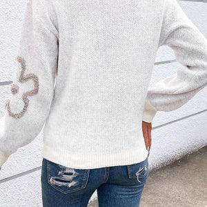 Flower Half Zip Dropped Shoulder Sweater