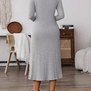 Collared Neck Long Sleeve Midi Dress