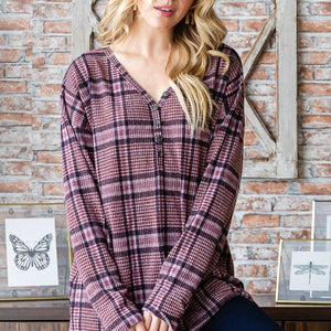 Heimish Full Size Plaid V-Neck Long Sleeve Top