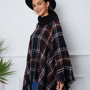 Shiny Turtleneck Plaid Raw Hem Sweater