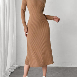 Square Neck Long Sleeve Midi Wrap Dress