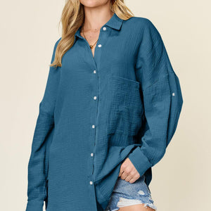 Double Take Full Size Pocketed Texture Button Up Shirt