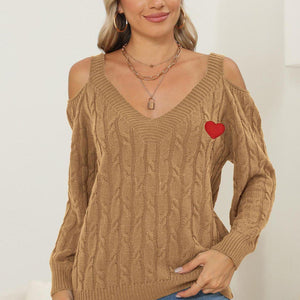 Cable-Knit Heart V-Neck Sweater