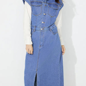 Slit Half Button Collared Neck Cap Sleeve Denim Dress