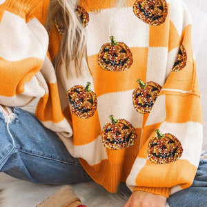 Pumpkin Checkered Round Neck Long Sleeve Sweater