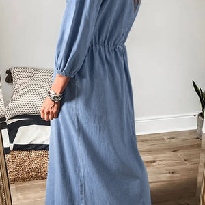 Tied Plunge Three-Quarter Sleeve Denim Dress