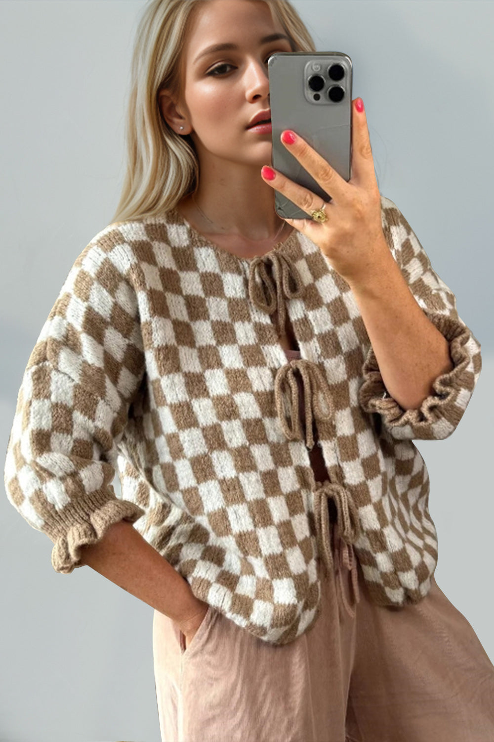 Double Take Tied Checkered Dropped Shoulder Flounce Sleeve Cardigan