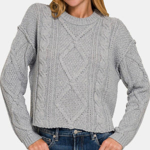 Zenana Cropped High Low Cable Sweater with Side Slits