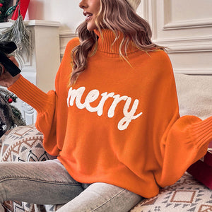 Merry Letter Embroidered High Neck Sweater