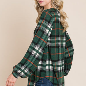 BOMBOM Curved Hem Plaid Round Neck Long Sleeve Top