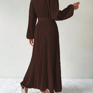 Half Button Tie Waist Long Sleeve Maxi Dress