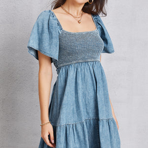 Smocked Square Neck Mini Denim Dress