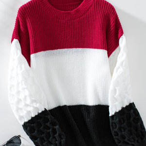 Color Block Round Neck Long Sleeve Sweater