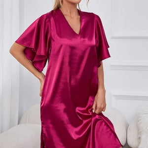 Satin Flutter Sleeve Side Slit V-Neck Night Dress