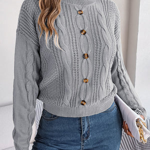 Cable-Knit Buttoned Round Neck Sweater