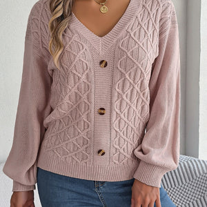 Cable-Knit V-Neck Lantern Sleeve Sweater