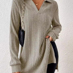 Slit Johnny Collar Long Sleeve Top