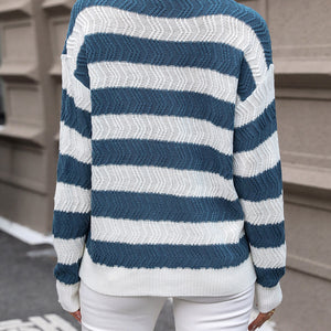 Perfee Striped Round Neck Dropped Shoulder Sweater